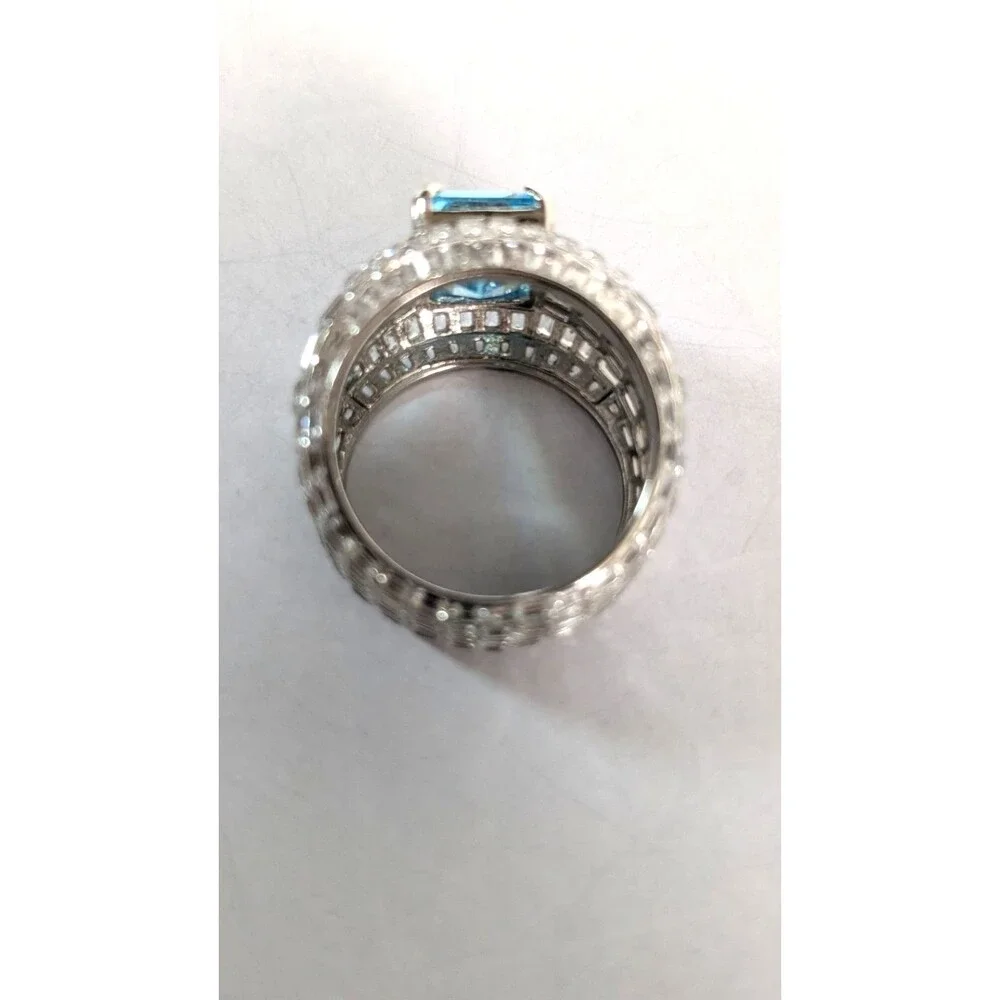 Emerald Cut Lab Created Blue Sapphire Baguette Eternity Ring  Silver Size 5